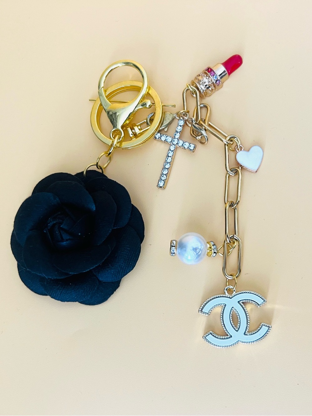 Gold-Tone Keychain with Black Camellia & White enamel Charm